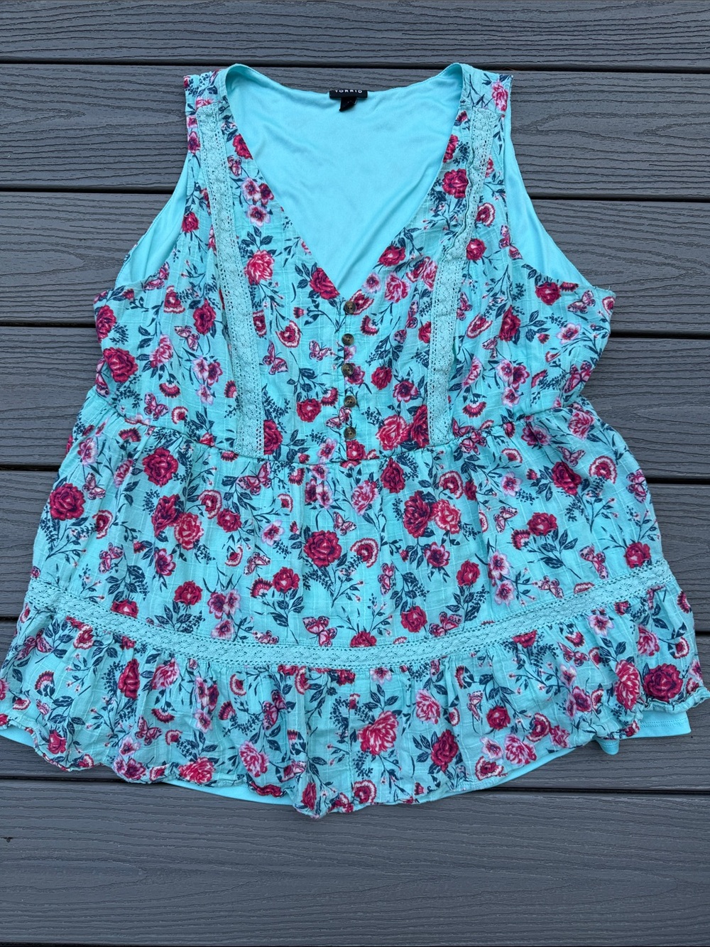 torrid Aqua Floral Lace-Trim V-Neck shirt with Pink Roses